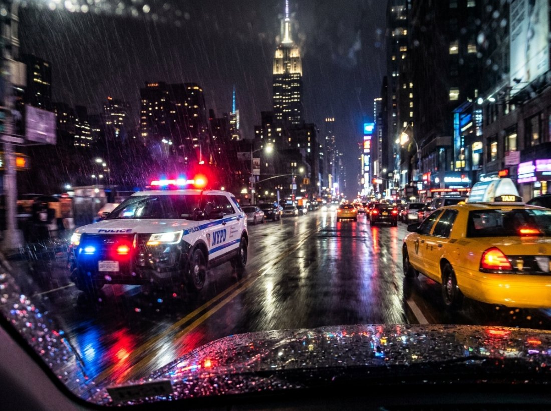 Coche patrulla con luces rojas y azules en una calle lluviosa de Nueva York de noche